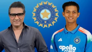 Sanjay Manjrekar and Yashasvi Jaiswal alongside the BCCI logo in a composite image related to Indian cricket.