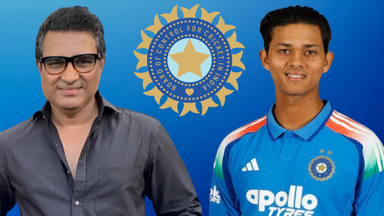 Sanjay Manjrekar and Yashasvi Jaiswal alongside the BCCI logo in a composite image related to Indian cricket.