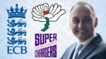 Sanjay Patel alongside the ECB, Yorkshire County Cricket Club and Northern Superchargers logos in a composite image related to English cricket.