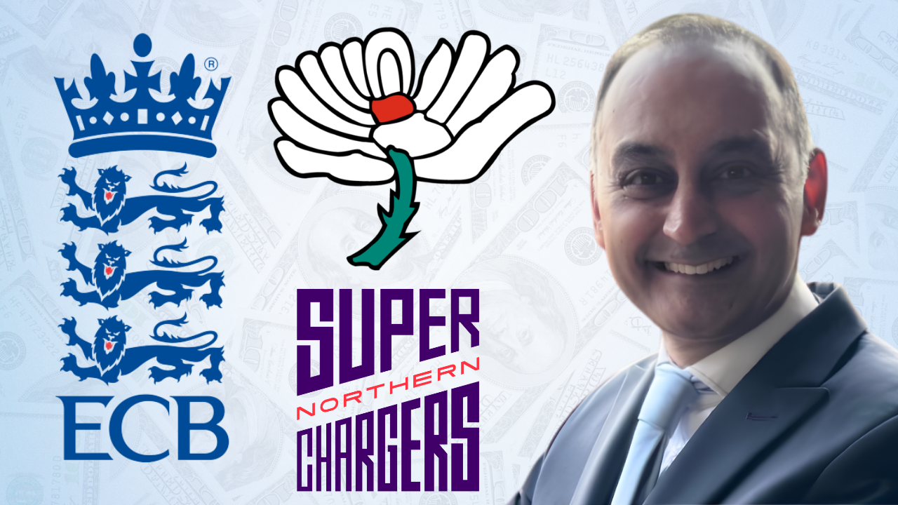 Sanjay Patel alongside the ECB, Yorkshire County Cricket Club and Northern Superchargers logos in a composite image related to English cricket.