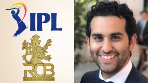 Satyan Gajwani pictured alongside IPL and Royal Challengers Bengaluru logos in a graphic related to cricket media, franchise ownership and league business developments.
