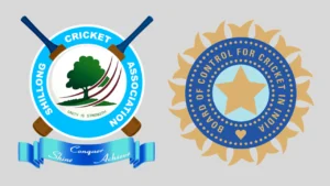 Logos of the Shillong Cricket Association and the Board of Control for Cricket in India (BCCI), representing Indian cricket administration and regional cricket development.