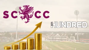 Graphic featuring Somerset County Cricket Club and The Hundred logos with an upward financial growth chart over The Lord Ian Botham Stand at Taunton, illustrating revenue growth linked to The Hundred competition.