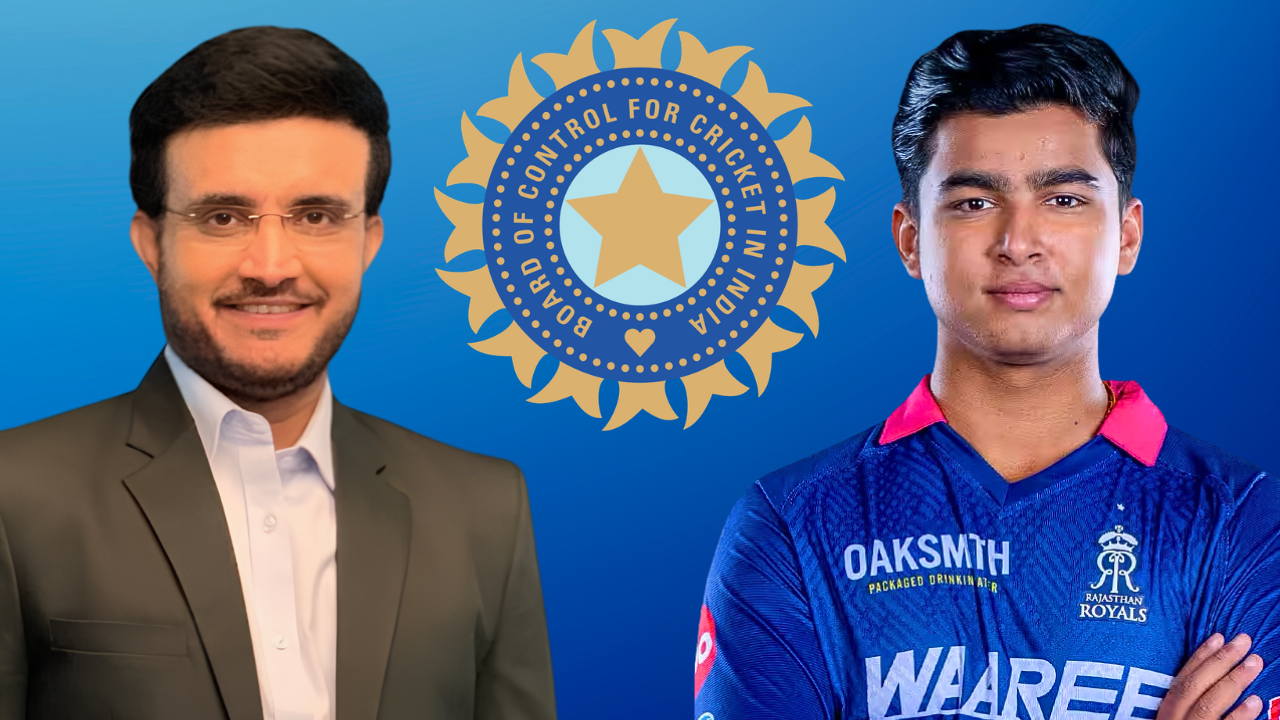 Sourav Ganguly and Vaibhav Sooryavanshi pictured alongside the BCCI logo, highlighting Indian cricket leadership and emerging young talent.