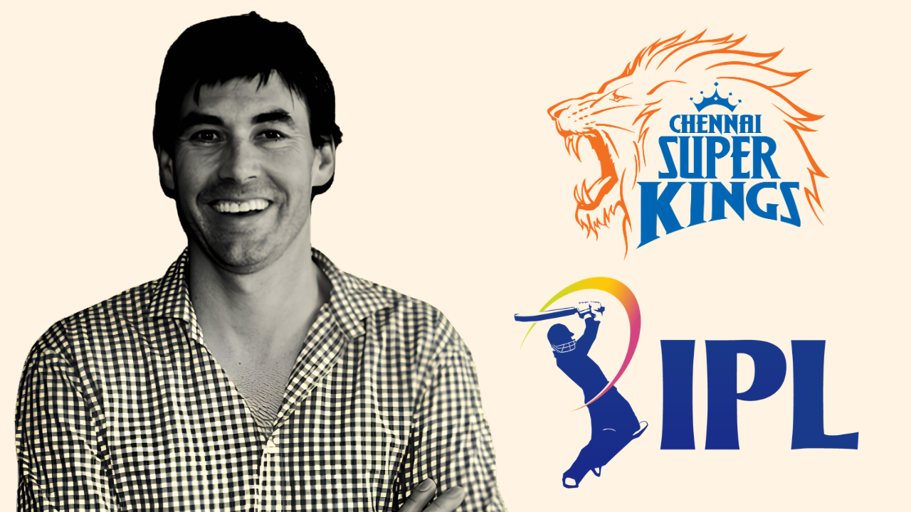 Stephen Fleming pictured alongside the Chennai Super Kings and IPL logos, highlighting his role as CSK head coach in the Indian Premier League.
