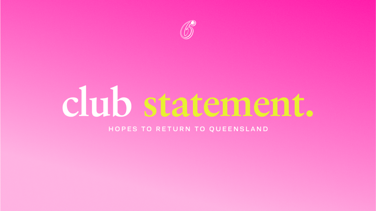 Sydney Sixers club statement graphic announcing hopes to return to Queensland on a pink background.