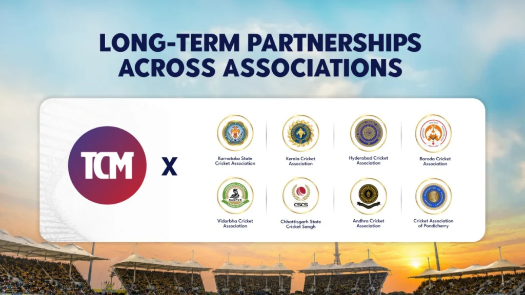 TCM partnership graphic featuring long-term collaborations with major Indian cricket associations, including Karnataka, Kerala, Hyderabad, Baroda, Vidarbha, Andhra, Chhattisgarh, and Pondicherry cricket bodies.