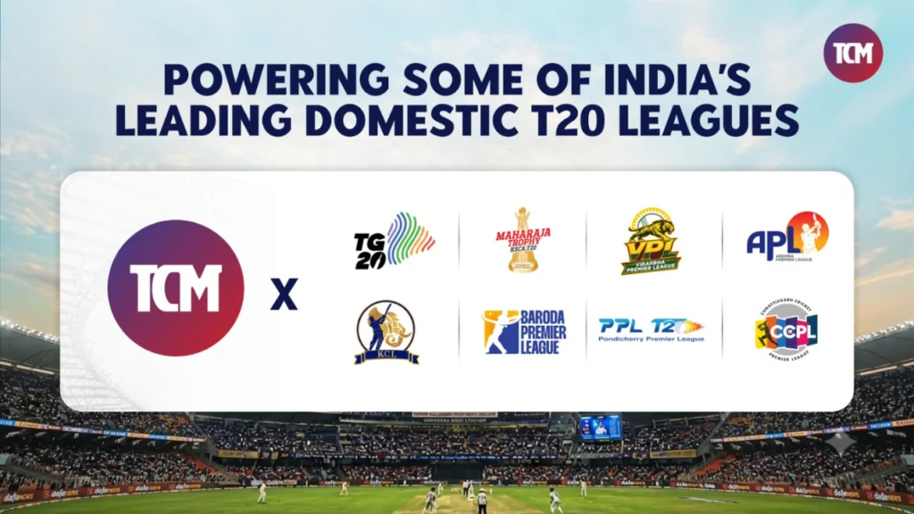 TCM promotional graphic showcasing partnerships with leading Indian domestic T20 cricket leagues, including regional premier league competitions across India, displayed above a cricket stadium backdrop.