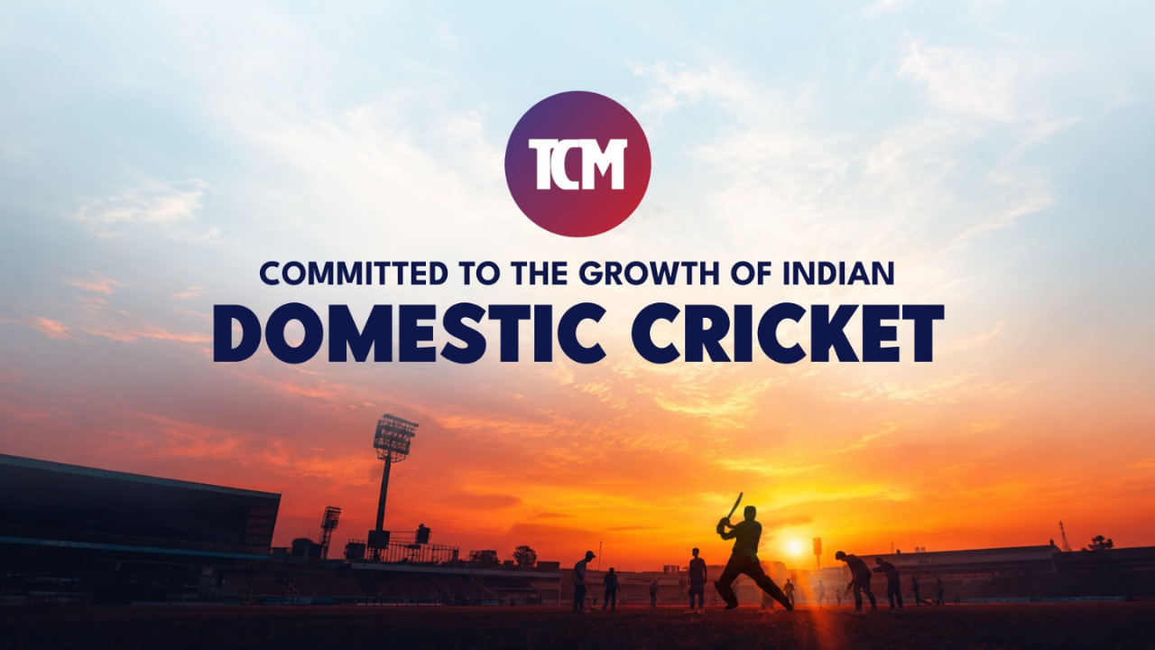 TCM promotional graphic highlighting its commitment to the growth of Indian domestic cricket, featuring silhouetted cricketers playing in a stadium at sunset.