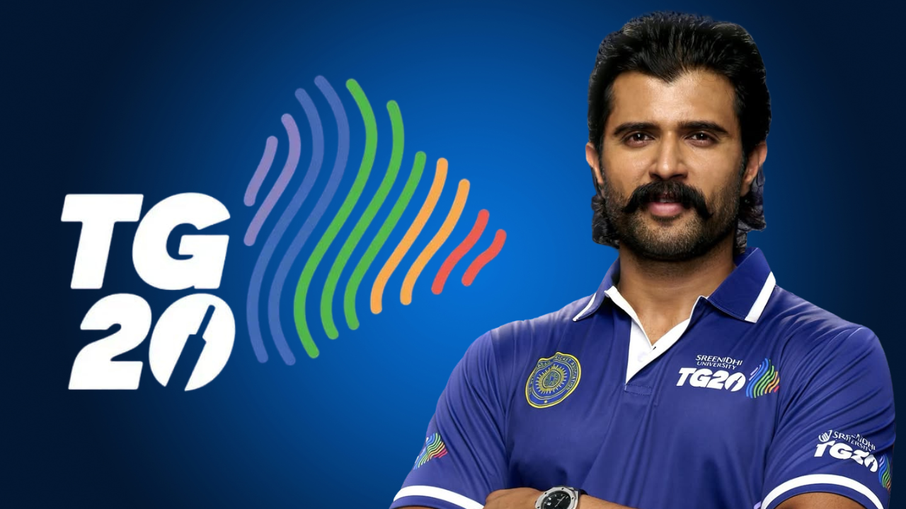 Actor Vijay Deverakonda pictured alongside the TG20 League logo as part of the cricket tournament's promotional campaign.