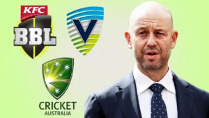 Todd Greenberg pictured alongside Cricket Australia, Cricket Victoria and Big Bash League (BBL) logos amid discussions involving Australian cricket governance and administration.