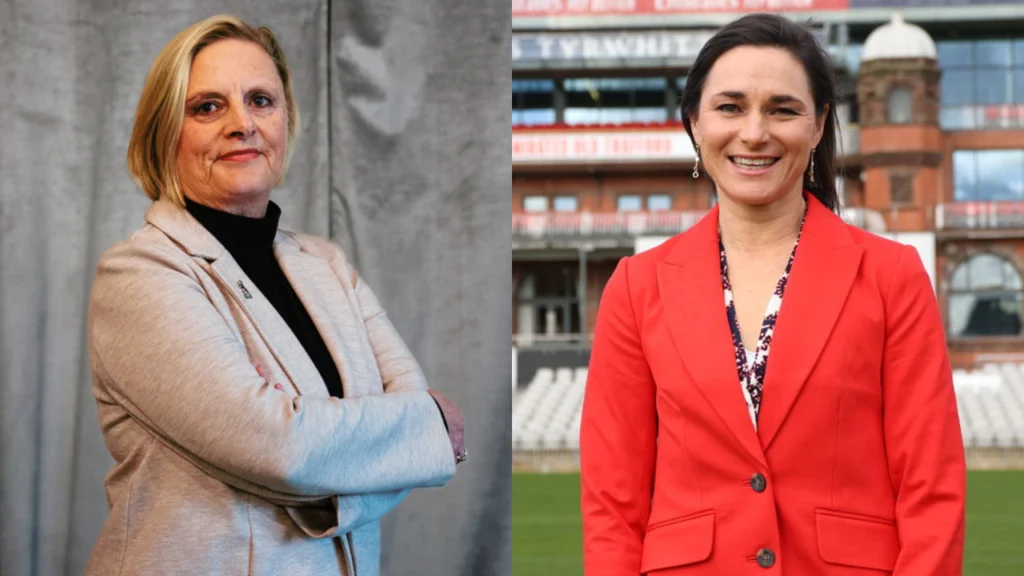 Tracey Orr and Dame Sarah Storey pictured at a cricket venue, highlighting leadership and governance roles in English cricket and sport administration.