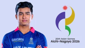 Vaibhav Sooryavanshi in Rajasthan Royals jersey alongside the official logo of the 2026 Asian Games in Aichi-Nagoya, Japan.