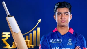 Vaibhav Sooryavanshi in Rajasthan Royals jersey alongside cricket bat, financial growth graphics, and sponsorship-themed visuals representing his rising brand value and endorsement opportunities.