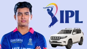 Vaibhav Sooryavanshi in Rajasthan Royals jersey alongside the IPL logo and a white Toyota Land Cruiser, representing IPL earnings, prize money, or luxury rewards.