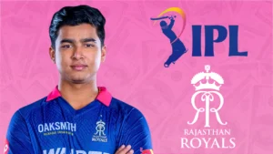 Vaibhav Sooryavanshi in Rajasthan Royals jersey with Rajasthan Royals and IPL logos, highlighting the young cricketer's association with the franchise in the Indian Premier League.