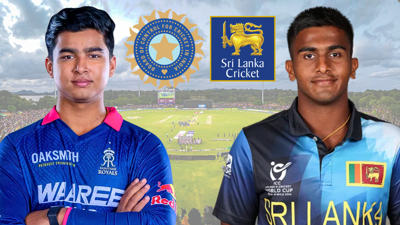 Vaibhav Suryavanshi of India and Vishen Halambage of Sri Lanka featured alongside the BCCI and Sri Lanka Cricket logos, with Dambulla International Cricket Stadium in the background, highlighting youth cricket competition between the two nations.
