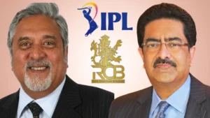 Vijay Mallya and Kumar Mangalam Birla alongside Royal Challengers Bengaluru (RCB) and IPL logos, highlighting the franchise's ownership history in the Indian Premier League.