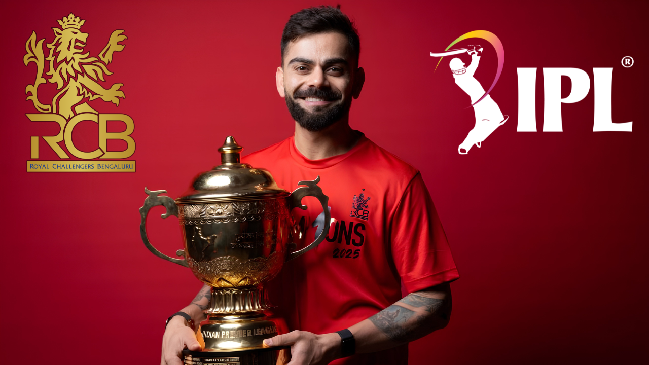 Virat Kohli holding the IPL trophy in a Royal Challengers Bengaluru (RCB) champions shirt, with RCB and IPL logos displayed on a red background after the team's 2026 IPL title victory.