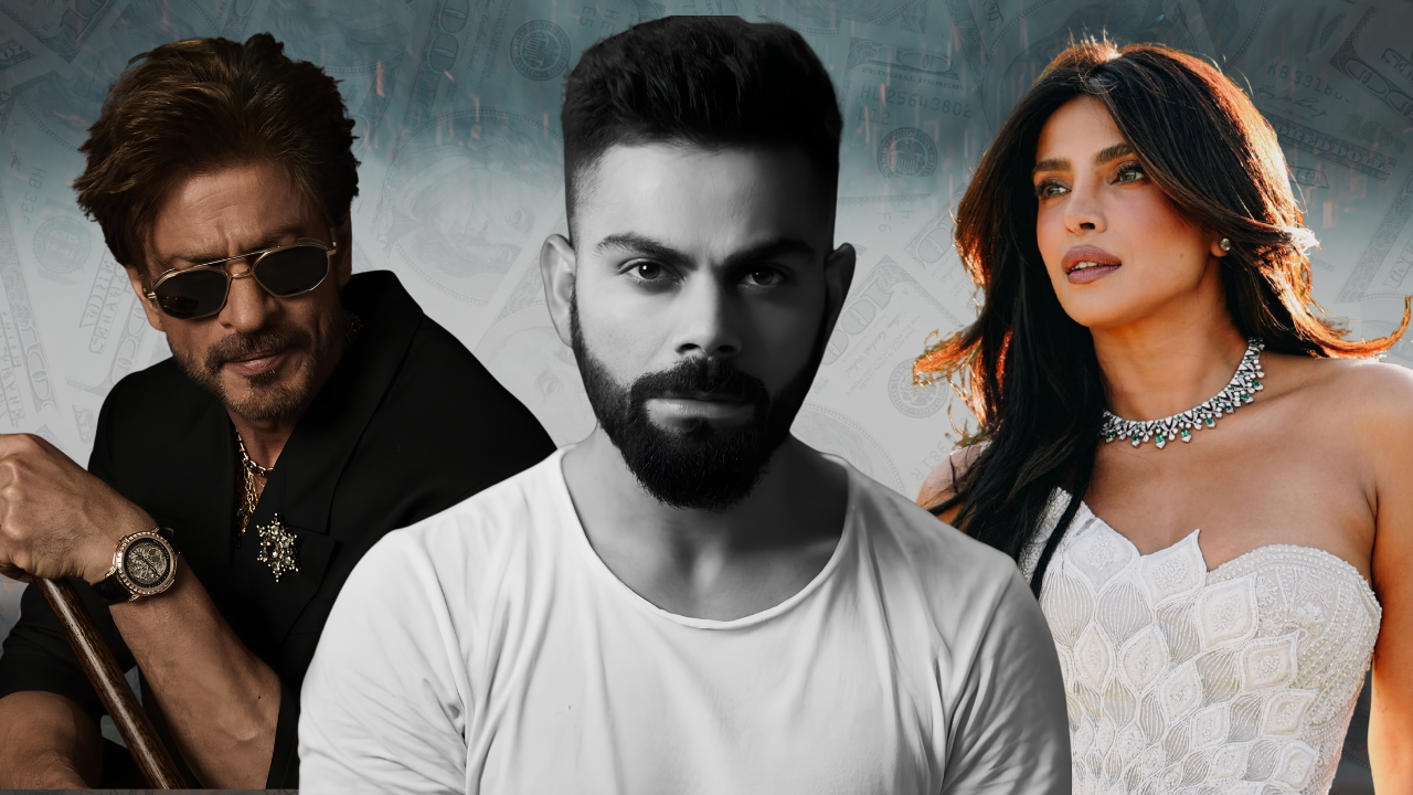 Virat Kohli featured alongside Shah Rukh Khan and Priyanka Chopra against a money-themed background, illustrating a comparison of celebrity net worth, earnings, brand value, and financial success in India.