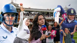 Women's cricket month celebration featuring female cricketers, a sports presenter and young fans at a cricket stadium, highlighting the growth and popularity of women's cricket.