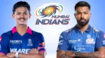 Yashasvi Jaiswal and Hardik Pandya featured alongside the Mumbai Indians and IPL logos in a cricket-themed graphic related to the Indian Premier League and franchise cricket.