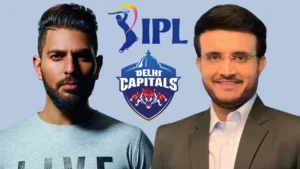 Yuvraj Singh and Sourav Ganguly featured alongside the Delhi Capitals and IPL logos in a cricket-themed graphic related to the Indian Premier League franchise.