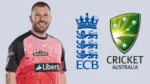 Former Australia captain Aaron Finch alongside the England and Wales Cricket Board (ECB) and Cricket Australia logos following his appointment as a high-performance consultant for the Ashes.