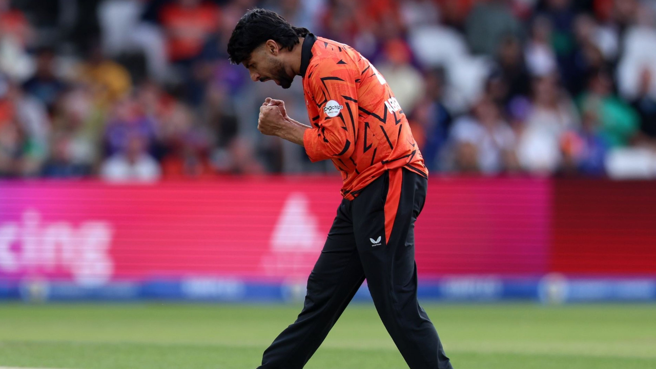 Pakistan spinner Abrar Ahmed celebrates taking a wicket for Northern Superchargers against Sunrisers at Headingley during The Hundred men's competition.