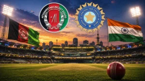Afghanistan and India flags displayed in a cricket stadium alongside the Afghanistan Cricket Board (ACB) and Board of Control for Cricket in India (BCCI) logos, representing cricket relations between the two nations.