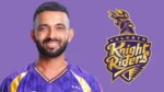 Ajinkya Rahane in Kolkata Knight Riders (KKR) jersey alongside the KKR logo ahead of the IPL season.