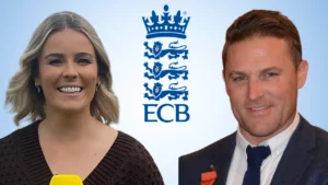 Former England cricketer Alex Hartley and England men's head coach Brendon McCullum pictured alongside the England and Wales Cricket Board (ECB) logo, representing English cricket.