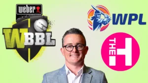 Alistair Dobson pictured alongside the Weber WBBL, Women's Premier League (WPL), and The Hundred logos, representing major women's cricket competitions.