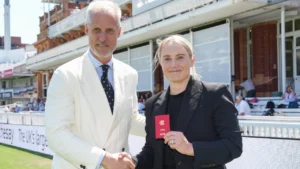 Alyssa Healy receives Honorary Life Membership of the Marylebone Cricket Club (MCC) from Ed Smith during a presentation at Lord's Cricket Ground.