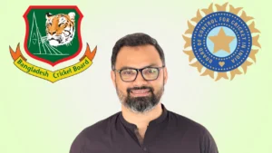 Aminul Haque pictured alongside the Bangladesh Cricket Board (BCB) and Board of Control for Cricket in India (BCCI) logos, representing news related to Bangladesh-India cricket relations or administrative matters.