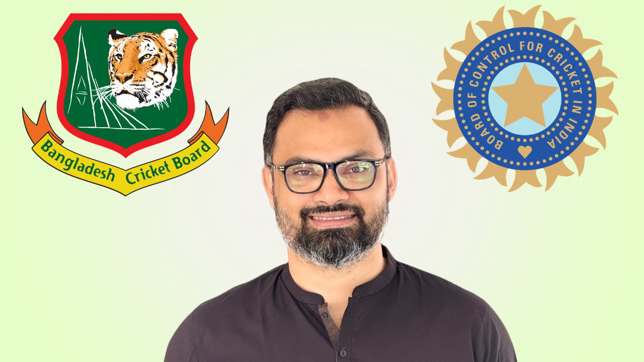 Aminul Haque pictured alongside the Bangladesh Cricket Board (BCB) and Board of Control for Cricket in India (BCCI) logos, representing news related to Bangladesh-India cricket relations or administrative matters.
