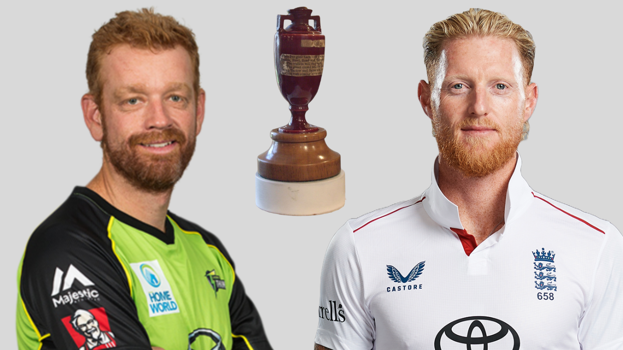 Australia head coach Andrew McDonald, England captain Ben Stokes and the Ashes trophy ahead of the 2027 Ashes cricket series.