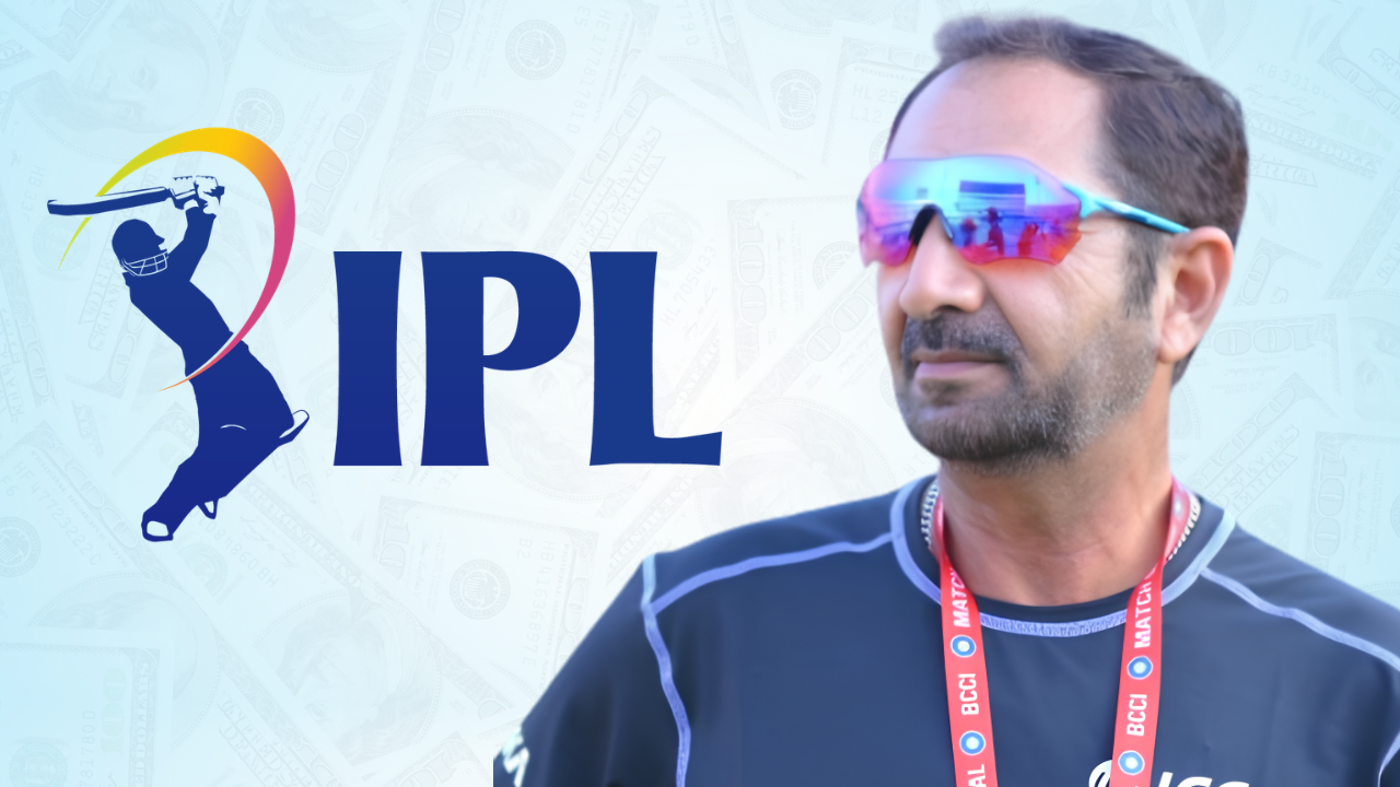Former IPL umpire Anil Chaudhary alongside the Indian Premier League (IPL) logo, representing the tournament and cricket officiating.