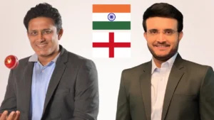 Anil Kumble and Sourav Ganguly featured alongside the India and England flags in a graphic related to the India vs England Test cricket series.