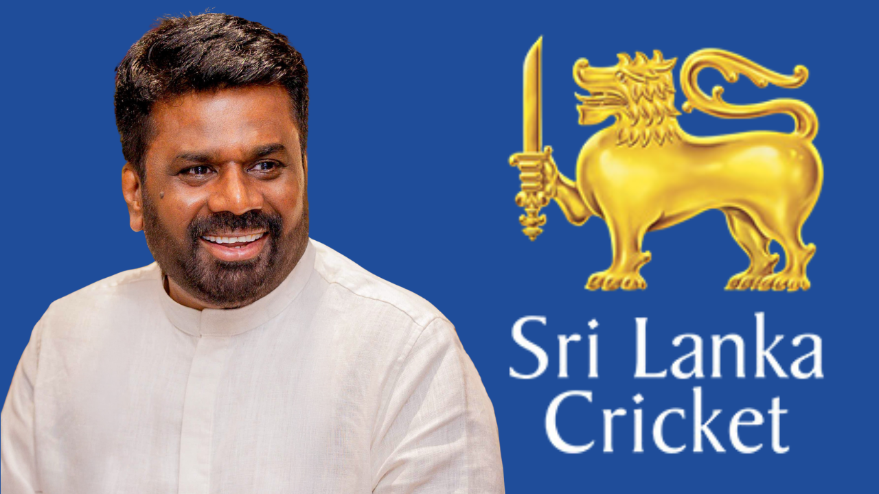 Sri Lankan President Anura Kumara Dissanayake pictured alongside the Sri Lanka Cricket (SLC) logo in relation to Sri Lanka cricket administration and governance.