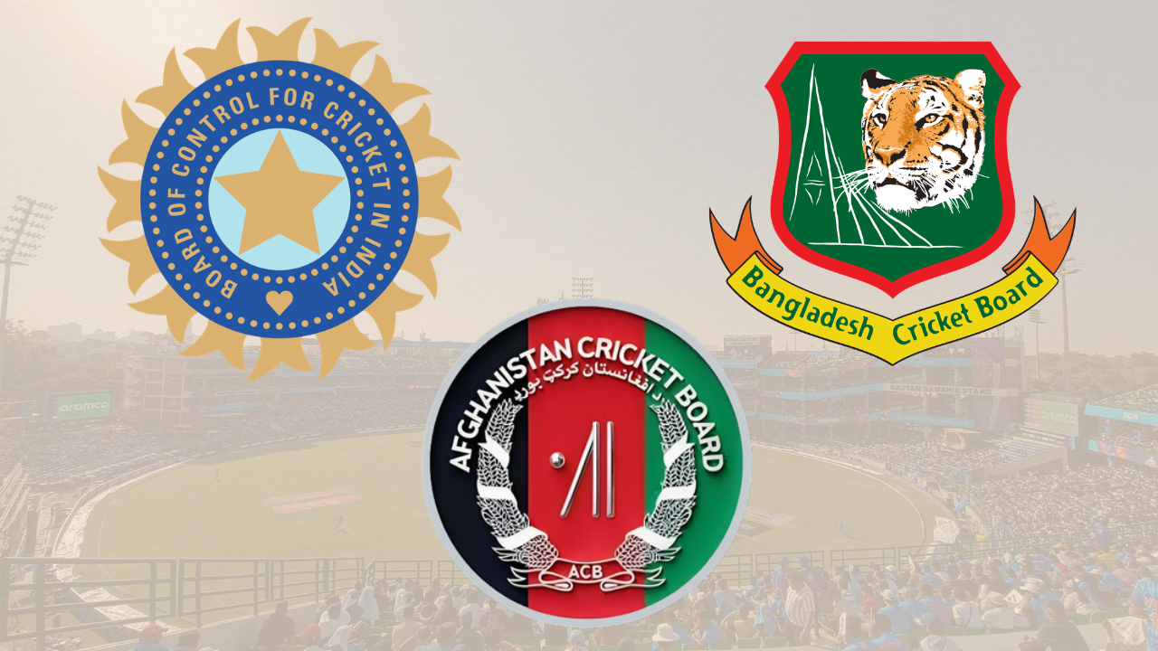 Arun Jaitley Stadium in New Delhi shown alongside the BCCI, Bangladesh Cricket Board (BCB) and Afghanistan Cricket Board (ACB) logos, representing cricket relations and international matches involving the three boards.