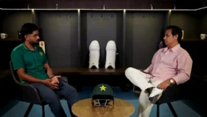Pakistan captain Babar Azam during an interview with Salman Butt in a cricket discussion set inside the Pakistan team dressing room.