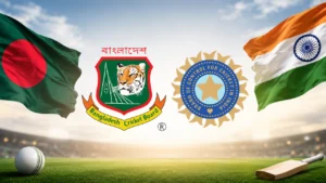 Bangladesh Cricket Board (BCB) and Board of Control for Cricket in India (BCCI) logos displayed alongside the national flags of Bangladesh and India, representing cricket relations and bilateral series between the two nations.