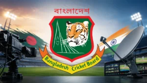Bangladesh Cricket Board (BCB) logo displayed on a cricket broadcast-themed background, representing Bangladesh cricket and international match coverage.