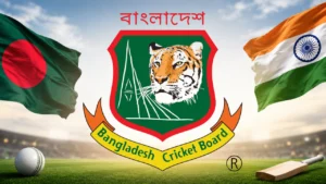 Bangladesh Cricket Board (BCB) logo displayed between the national flags of Bangladesh and India, representing the cricket rivalry between the two countries.