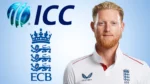 England Test captain Ben Stokes pictured alongside the ICC and England and Wales Cricket Board (ECB) logos.