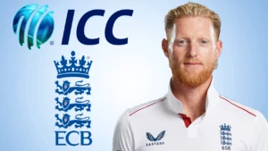 England Test captain Ben Stokes pictured alongside the ICC and England and Wales Cricket Board (ECB) logos.
