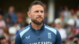 Brendon McCullum, England men's cricket head coach, during a match in England team training apparel.