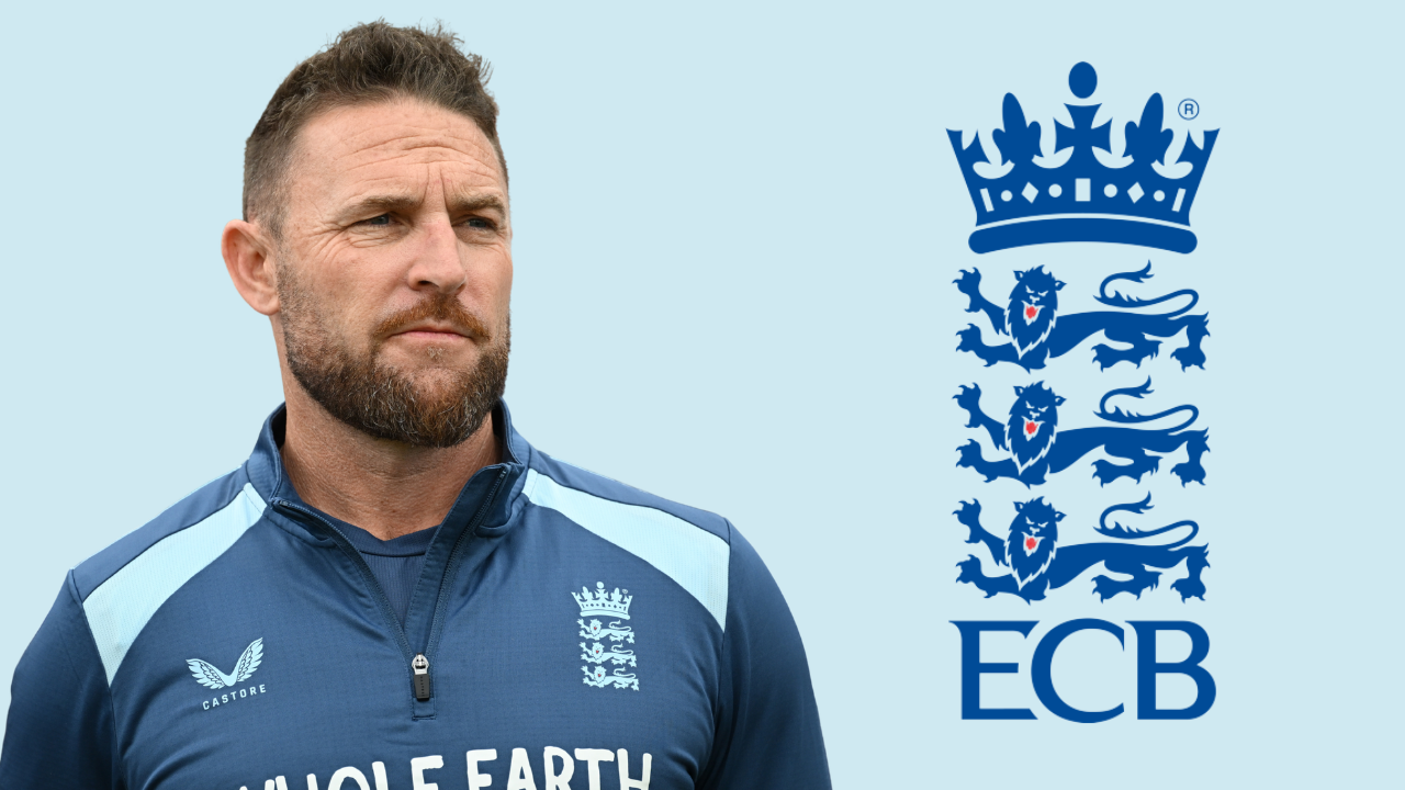 England men's cricket team head coach Brendon McCullum pictured alongside the England and Wales Cricket Board (ECB) logo, representing England cricket leadership and coaching.