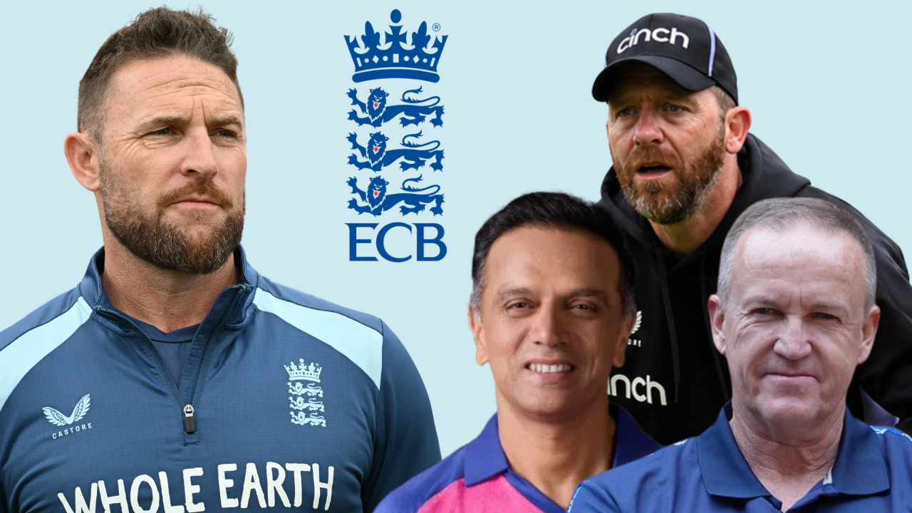 Brendon McCullum, Rahul Dravid, Andy Flower and Richard Dawson alongside the ECB logo, highlighting England cricket coaching and leadership discussions.